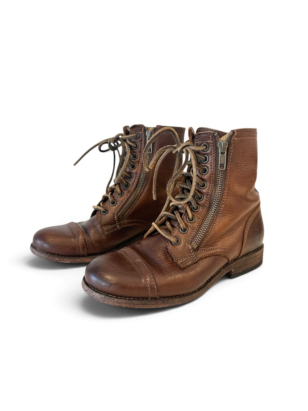 Frye Tyler Double Zip Woman’s 6B Cognac Leather Lace Up Combat Boots Hard ToFind